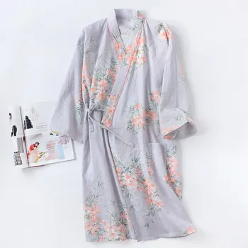 Poletje Trdna Bombažne Gaze Kimono Kopalni Plašč Nightgown Ženske Japonski Dolgo Nightdress Cvet Jezik Čipke Znoj Paro Oblačila