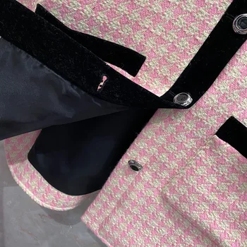 2021 Pomlad moda za ženske Visoke kakovosti svoboden kariran tweed suknji Elegantna žepi roza barve plašč C845