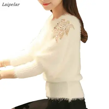 Nova jesensko korejski Kratka Sleeved bela moher pulover ženske glavo ohlapno majico rokavi Laipelar