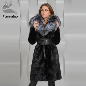 Furealux 2019 Novo Pravi Mink Krzno Plašč Z Srebrna Lisica Krzno Ovratnik Naravnih Mink Krzno Jopiči Fox Silver Fox Sleeved