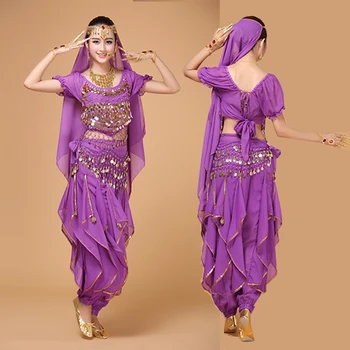 Bollywood Ples Trebuh Kostum Nastavite Indijski Ples Sari Bellydance Obleko Hlače Ženske Šifon 4-7pcs (Headpieces Tančico Vrh Pasu Hlače))