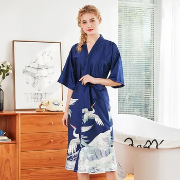Ženske Dolge Svilene Seksi Satenast Kimono kopalni plašč Družico Žerjav Mornarice Kopel Haljo Plus Velikost Nevesta Hišna Obleke za Poroko Sleepwear