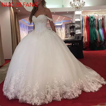 NUOXIFANG Bele Čipke Appliques Žogo Obleke Poročne Obleke 2020 Ljubica Beaded Princesa Nevesta Obleke haljo de mariee