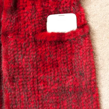 Pletene mink krznen brezrokavnik Luksuzni žensk jeseni, pozimi toplo rdeča, črna, sivo rjava, vijolična hooded pravega krzna, telovnik, 90 cm, dolge V246