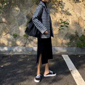 Korejski Elegantno Houndstooth Dolgo Jopiči za Ženske do leta 2020 Pomlad Jesen Enotni-zapenjanje Kariran Jakna Ženske Svoboden Plašč Ženski Outwear