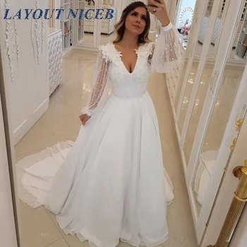 Elegantnih Belih Biserov V Vratu Šifon Poročno Obleko Dubaj arabski trouwjurk črto gelinlik Dolg Rokav Poročne obleke suknia slubna