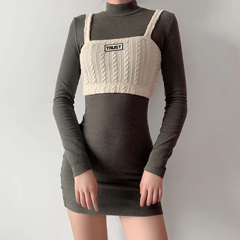 Ženske 2Pcs Dolg Rokav Turtleneck Bodycon Mini Obleka z Kabel Pletene Camisole