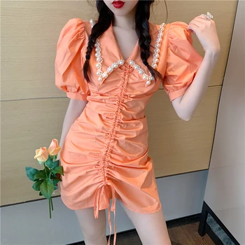 Ženske Modne Korejskem Slogu Pearl Beading Vratu Puff Rokavi Mini Obleka Urad Dame Poletje Visoko Pasu Vrvico Bodycon Obleke