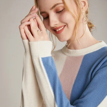 Ženski pulover naravne volne krog vratu poln rokavi prugasta mozaik kratek priložnostne eleganten modni ženski pulover, jakna