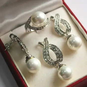 Vroče! plemenito nove nakit prekrita + 12 mm white pearl obesek, uhan, , obroč iz AA1013