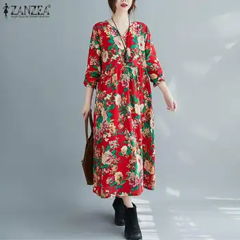 Retro Pomlad Tiskana Obleka Ženske Cvetlični Sundress 2021 ZANZEA Priložnostne Dolg Rokav Maxi Vestidos Ženska V Vratu Haljo Plus Velikost