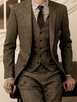 Zadnji Plašč, Hlače Modelov Rjava Tweed bo Ustrezala Moški Letnik Zimski Formalne Poročne Obleke, Za Moške Men ' s Klasično Obleko 3 Kosov Moških Obleko