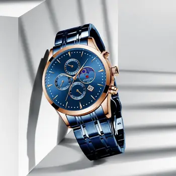 REWARD 2020 Men Quartz Watches Moon Phase Calendar Fashion Blue Stainless Steel Band Rose Gold Case Business Watch Montre Homme