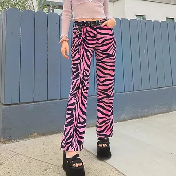 Ženske ravne noge hlače širok noge hlače zebra vzorec roza hlače priložnostne svoboden udobno high street 2020