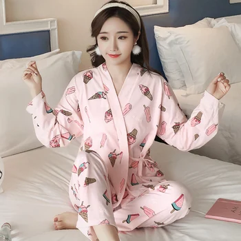 Kimono Sleepwear Ženski Pomlad Jesen Bombaž Dolg Rokav Pižamo Nov Slog Žensk Sladko Japonski Svoboden More Domov Obleko H5622
