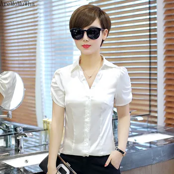 AreMoMuWha 2019 Poletje novo svileno srajco ženski Proti-vrat kratka sleeved Slim dnevnih migrantov, korejski belo srajco saten svila ženske bluzo MH214