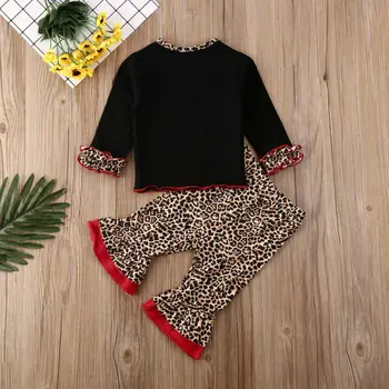 2PCS Otrok Baby Girl Obleke Leopard Ruffle T-shirt+Flare Hlače Obleko Set Mode Otrok, Dekle Oblačila